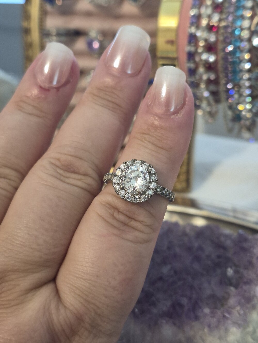 Ladies Size 8.5 Sterling 925 Silver CZ Rhinestone Halo Ring With Box